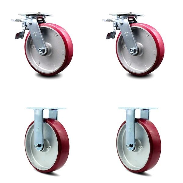 8 Inch Poly on Aluminum Caster Set with Ball Bearings 2 Brakes 2 Rigid SCC